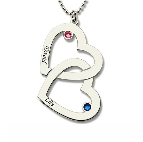 Double Heart Necklace with Name & Birthstones