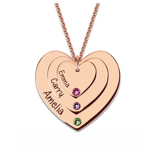Triple Heart Necklace With Birthstones In Rose Gold