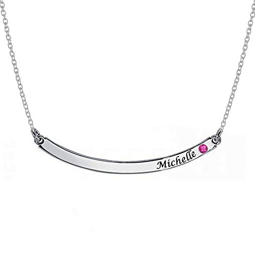 Personalized Silver Curved Bar Necklace with Birthstone