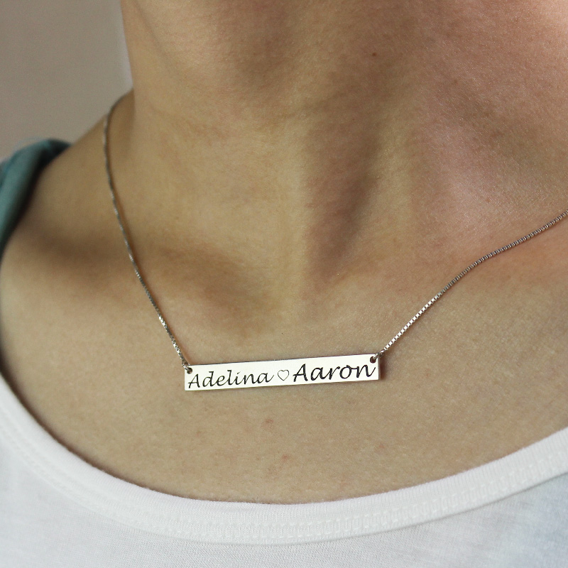 Bar Necklace Engraved Double Name Sterling Silver