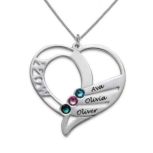 Engraved Heart Mother Birthstones Necklace